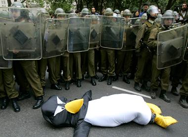Penguin attacks riot police in Chile