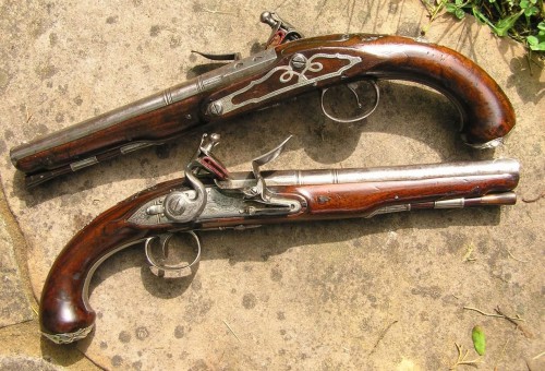 British James Barbar silver-mounted, 22-bore (.60 caliber) holster pistols from 1778