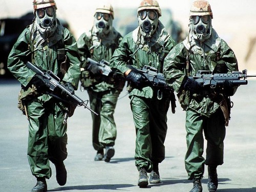 soldiers in gas masks