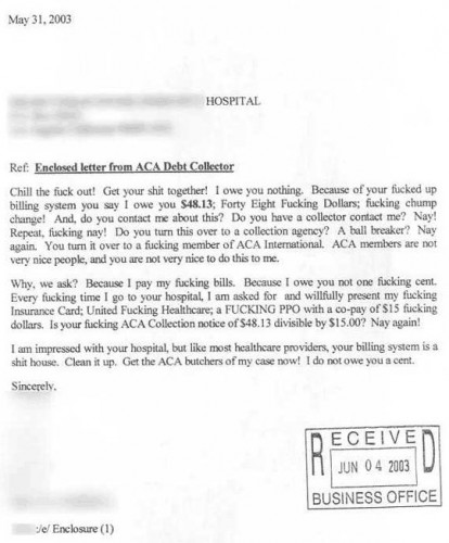 Re - Enclosed letter from ACA Debt Collector