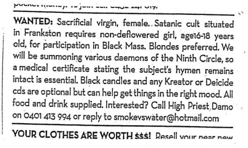 wanted - sacrificial virgin
