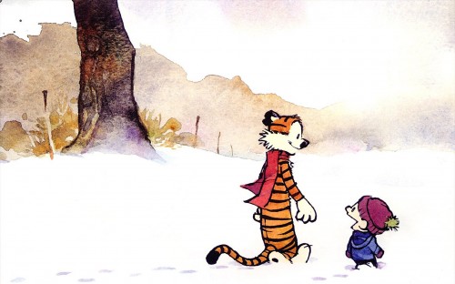 calvin and hobbes walking in the snow