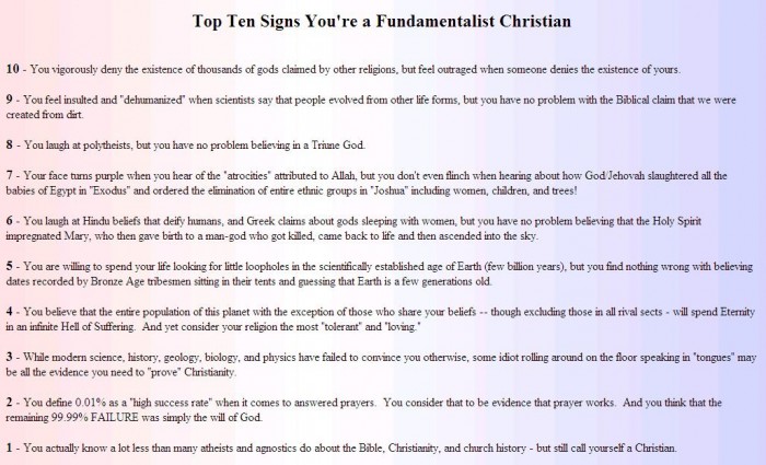 top ten signs you're a fundamentalist christian