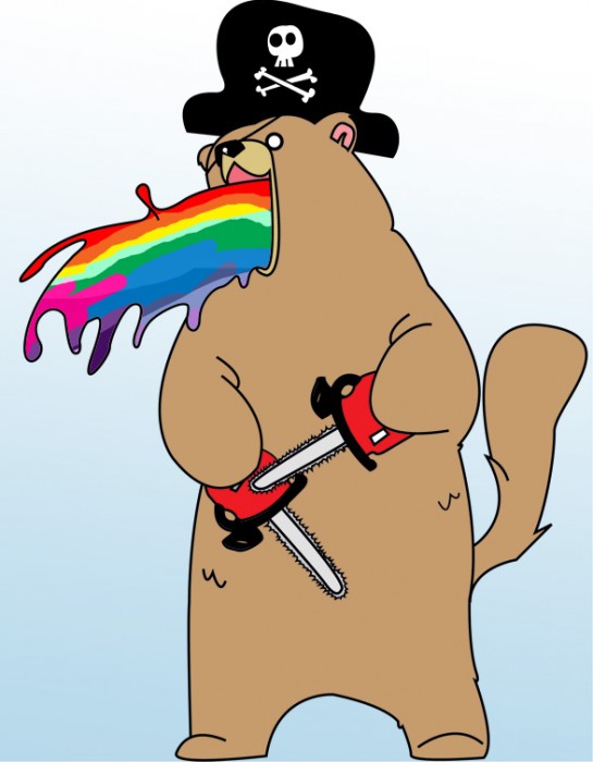 rainbow puking pirate bear with chainsaws