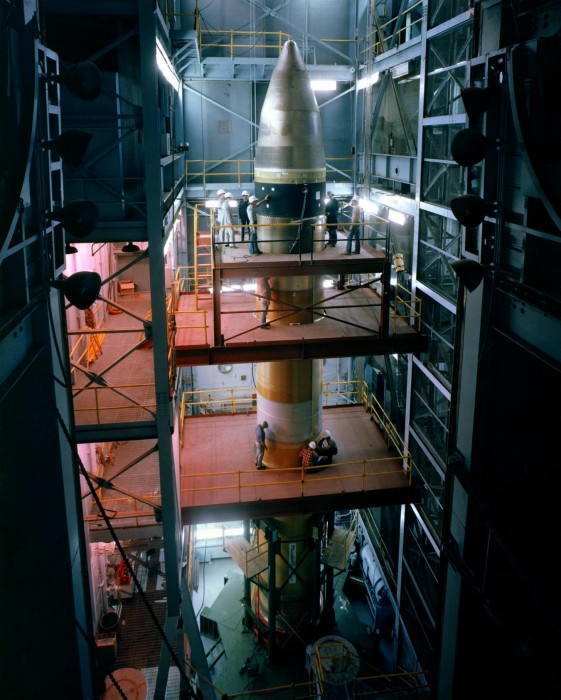 A view of the MX Peacekeeper intercontinental ballistic missile (ICBM) being assembled