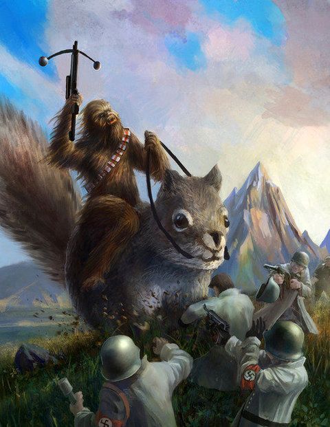 chewy on a giant squirrel fighting nazies