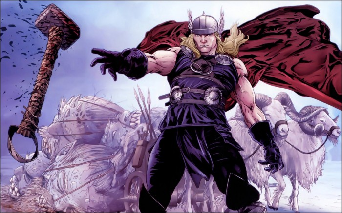 thor summons his bloody hammer while his goats look on