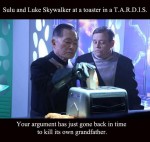 Sulu and Luke skywalker at a toaster in a TARDIS