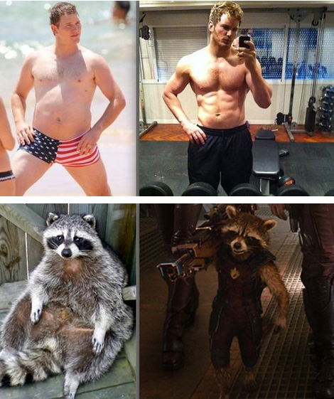 same pratt and rocket racoon - before and after