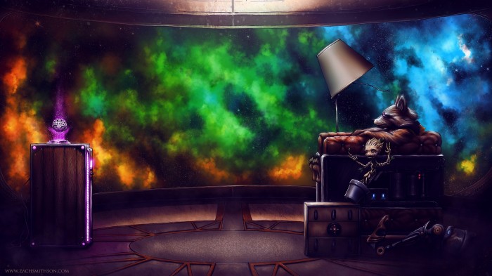 Rocket and Groot enjoy space tv.jpg