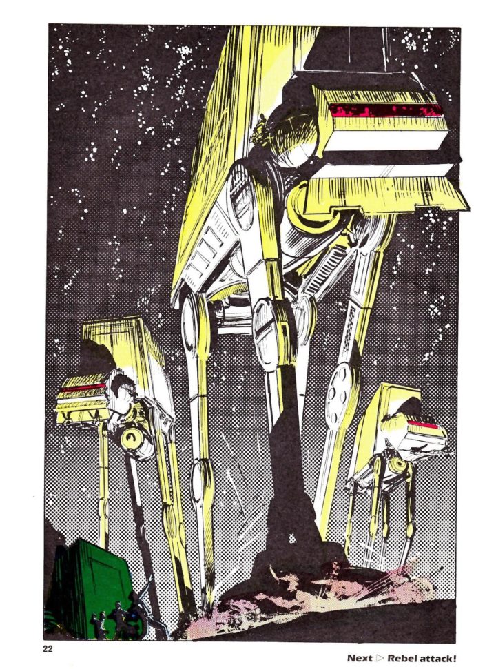 The scale and feeling of being close to a moving AT-AT is captured really well by this 80s comic page