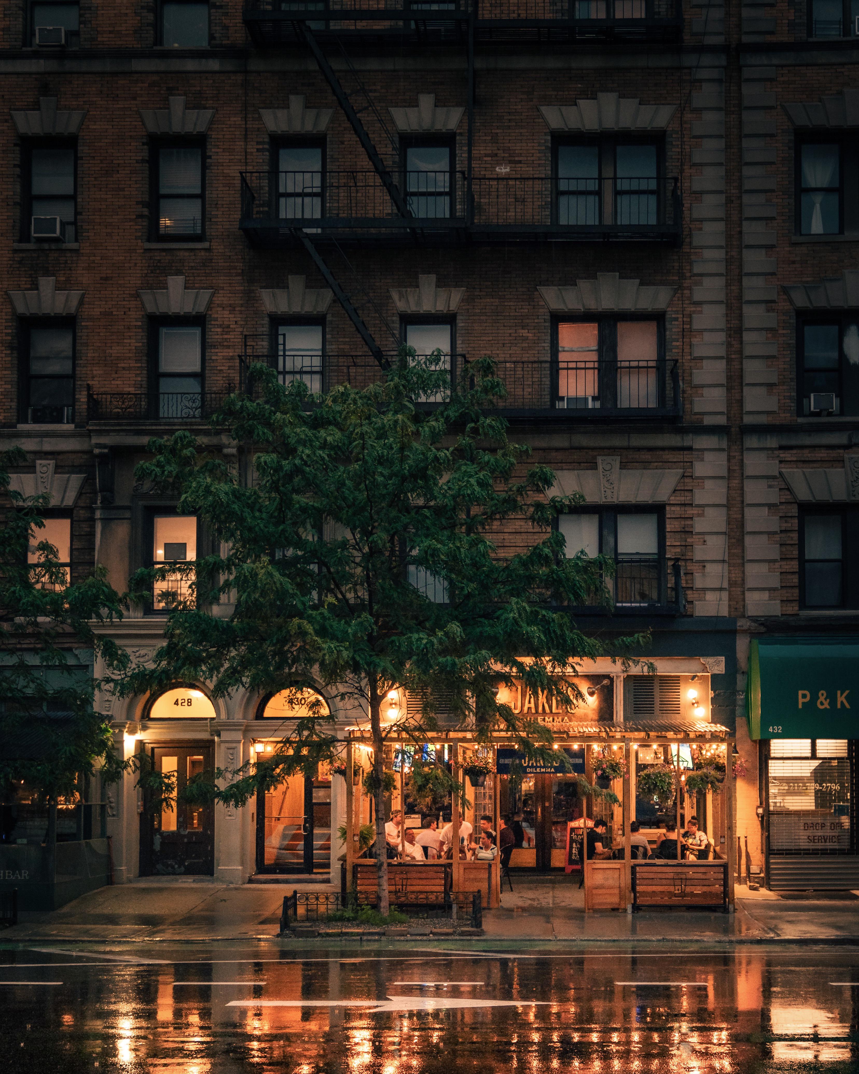A cozy restaurant during a rainstorm in New York City