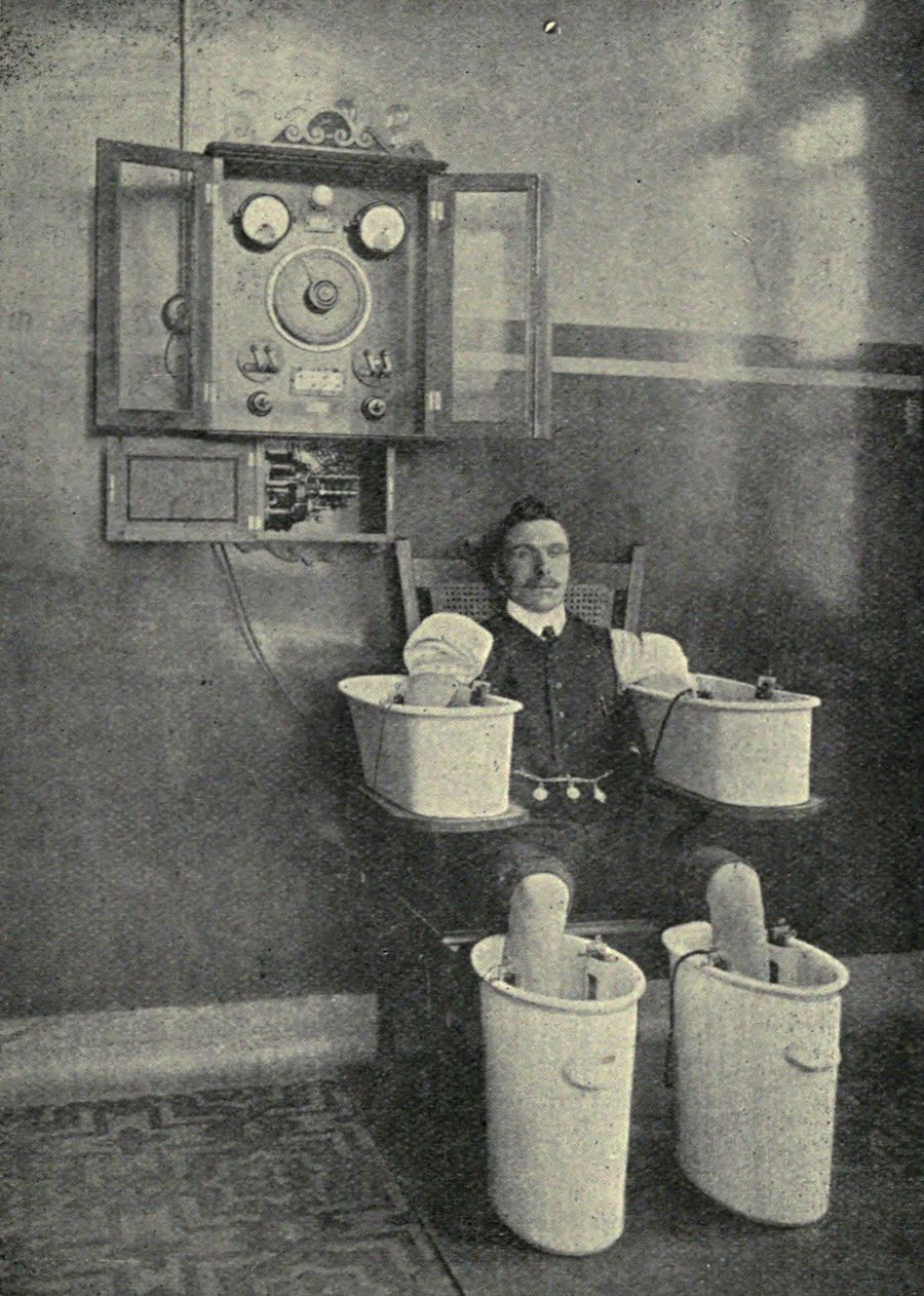An electric bath, 1910, used to treat rheumatism. The Schnee Four Cell Bath was used for treating rheumatism and painful joints, with a bath for each limb. Each bath had its own current. There was no danger of electric shock as the porcelain tubs were not connected to water pipes and were insulated.
